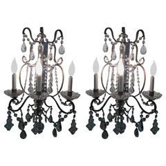 Pair of Maison Baguès Exquisite Crystal Beaded, Mirrored & Multi Crystal Sconce