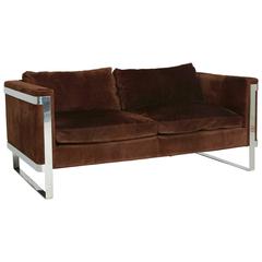 Brown Suede and Chrome Settee in the Style of Milo Baughman - ON SALE