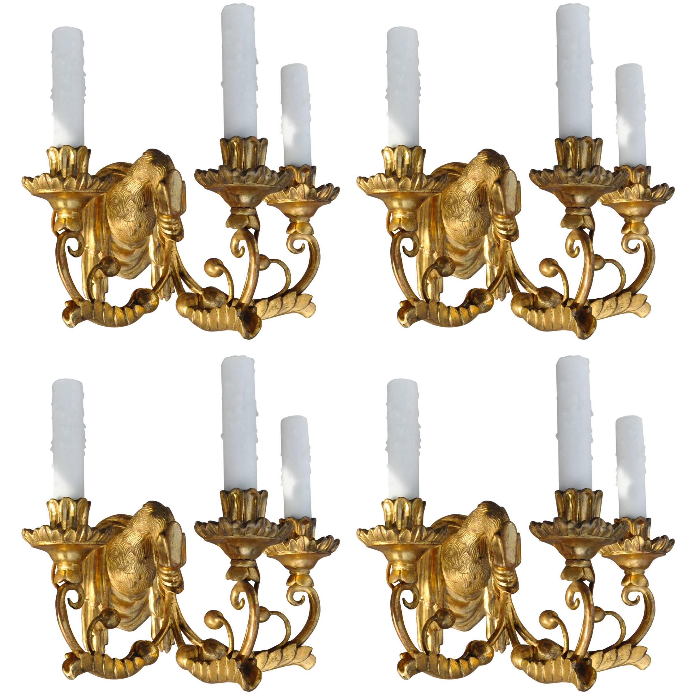 Set of Four Period Austrian Neoclassical Giltwood and Iron Sconces
