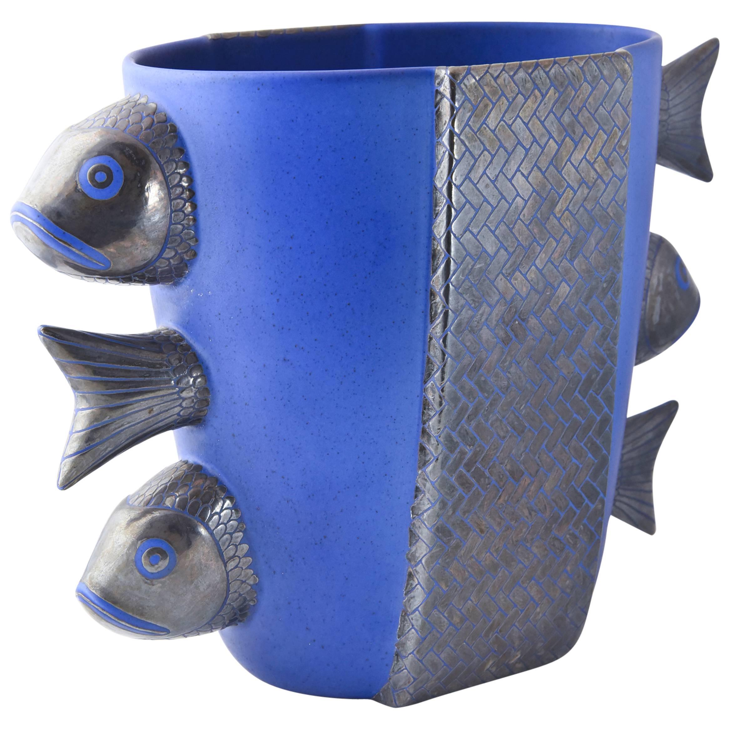 Rare Emilia Castillo Blue Pottery Figural Fish Vase