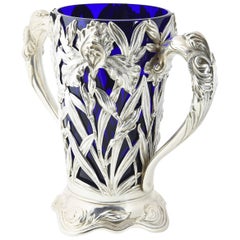 Antique Art Nouveau Floral Repousse Sterling Handled Vase and Blue Glass Insert