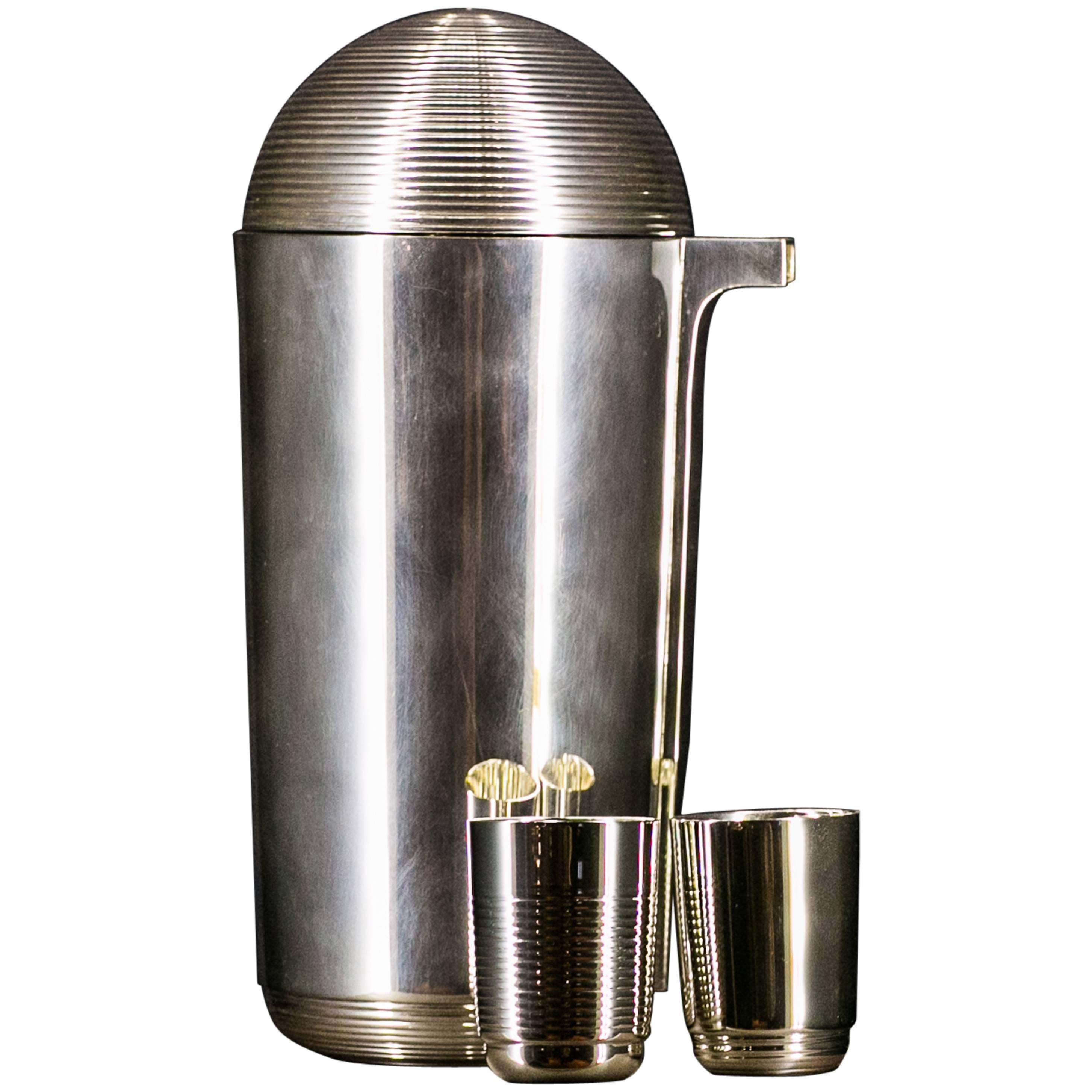 Jean Puiforcat 1935 Filleted Silver Shaker and Shots Art Deco Silversmith Ed For Sale