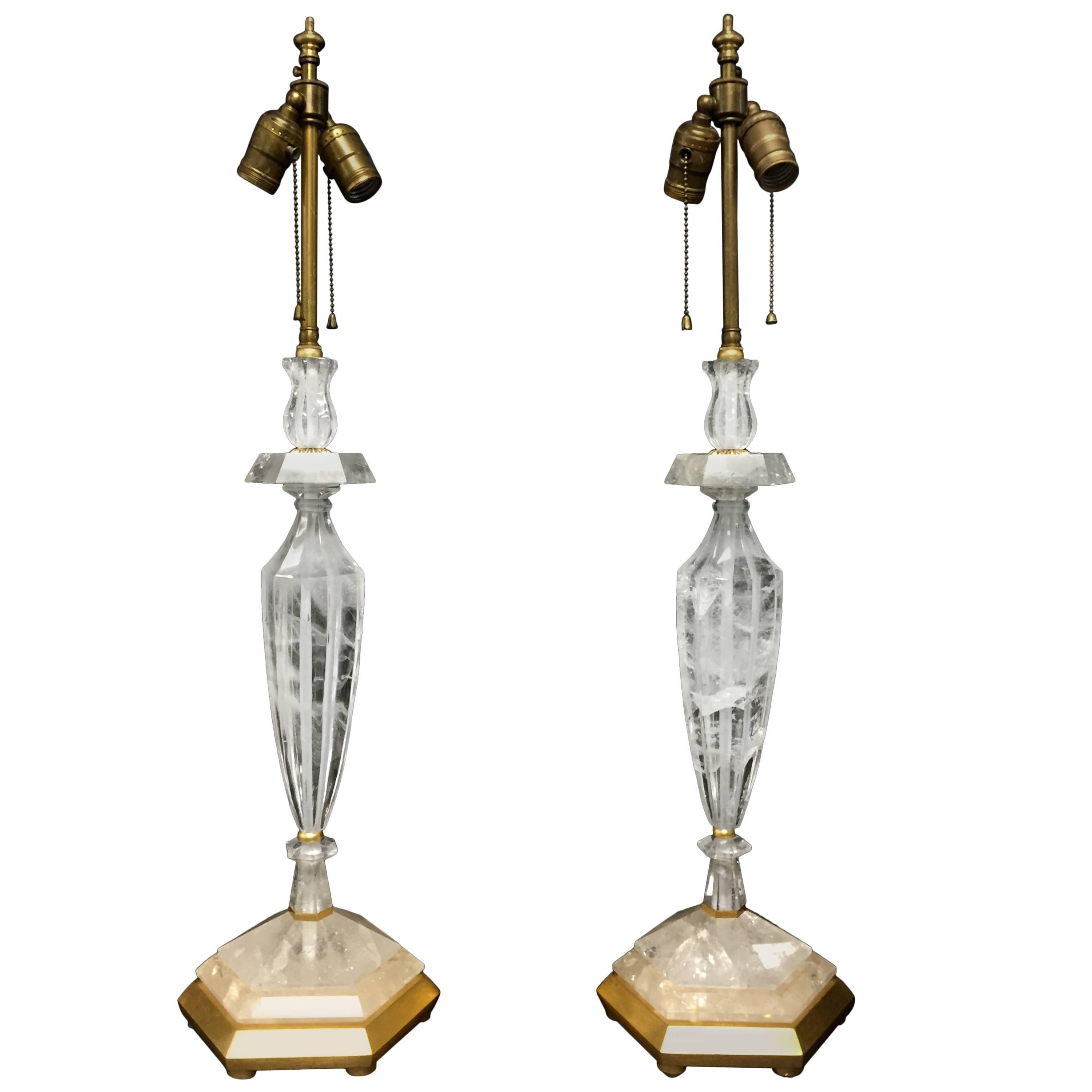 Fine Pair Gilt Rock Crystal Modern Jansen Transitional Baguès Vintage Lamps