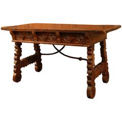 18th Century Spanish Carved Walnut Table Desk with Drawers and Iron Stretcher 5