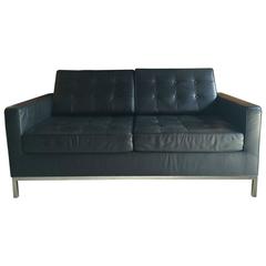 Florence Knoll Style Two-Seat Sofa Settee Black Leather