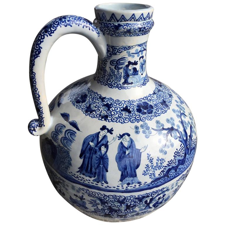 Beautiful Antique Hand Painted Blue And White Chinoiserie Vase 19th Beautiful Antique Hand Painted Blue And White Chinoiserie Vase 19th Century For