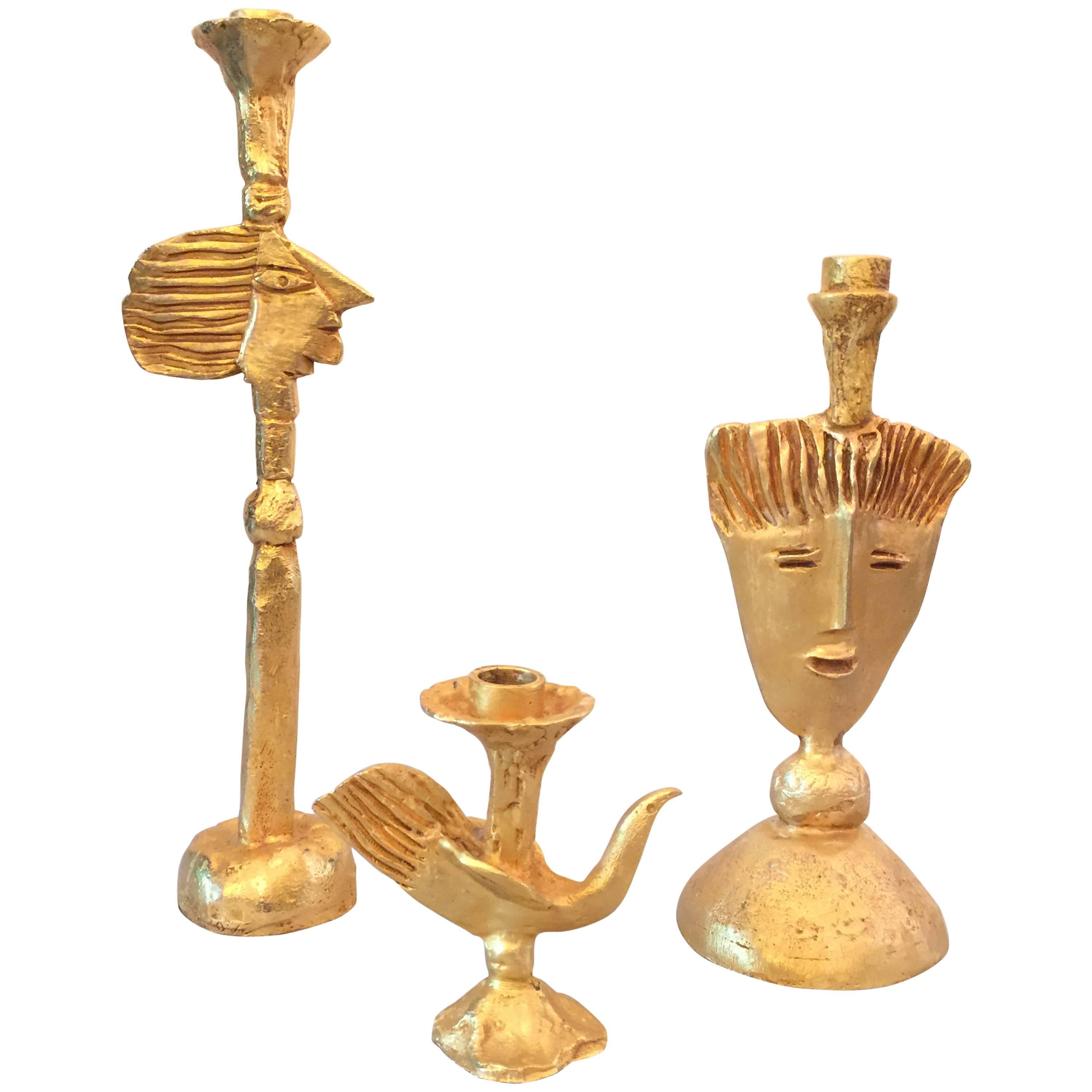 Set of 3 Tiered Gilt Bronze Candleholders by Pierre Casenove for Fondica