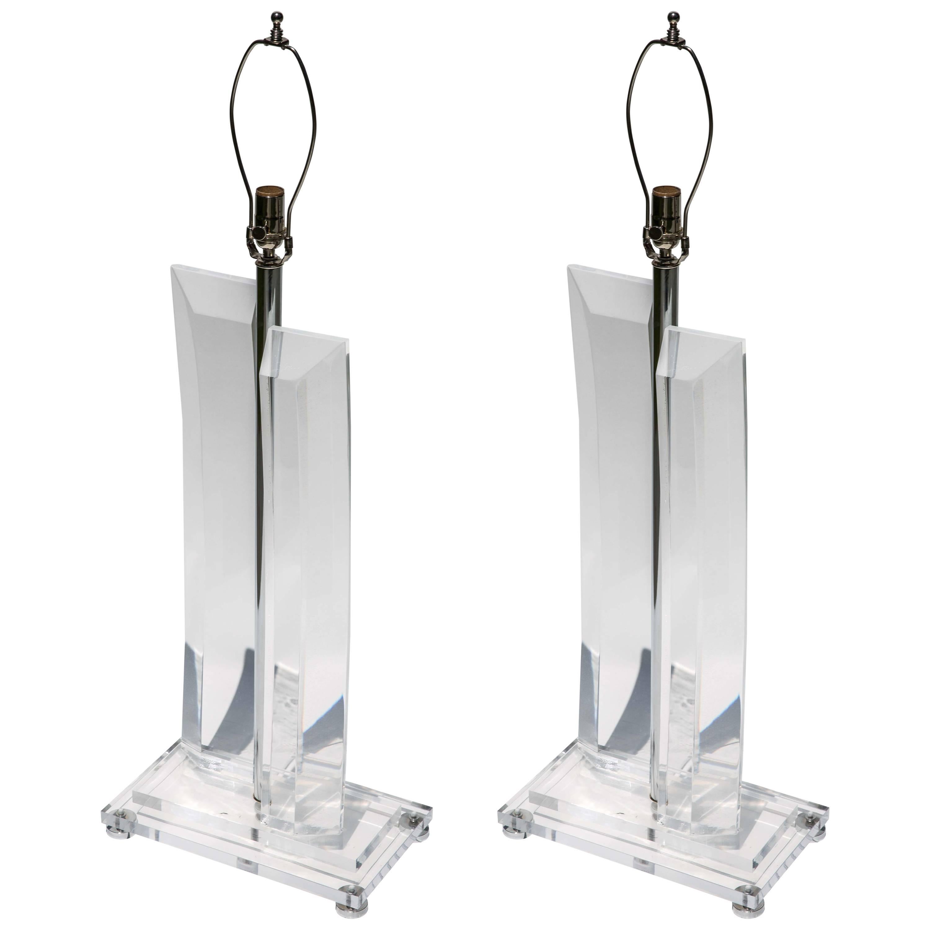 Pair of Tall Faceted Lucite Lamps with Nickel Details