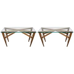 Slender Wood Glass Top Consoles with Brass Details 6