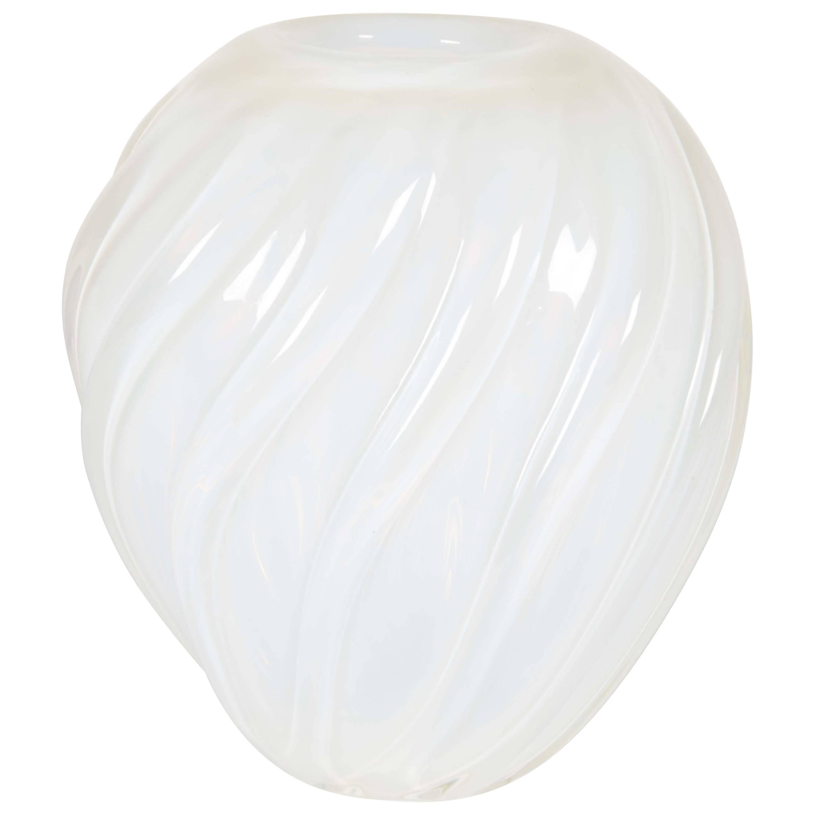 Murano Opal White Ribbed Italian Glass Vase For Sale