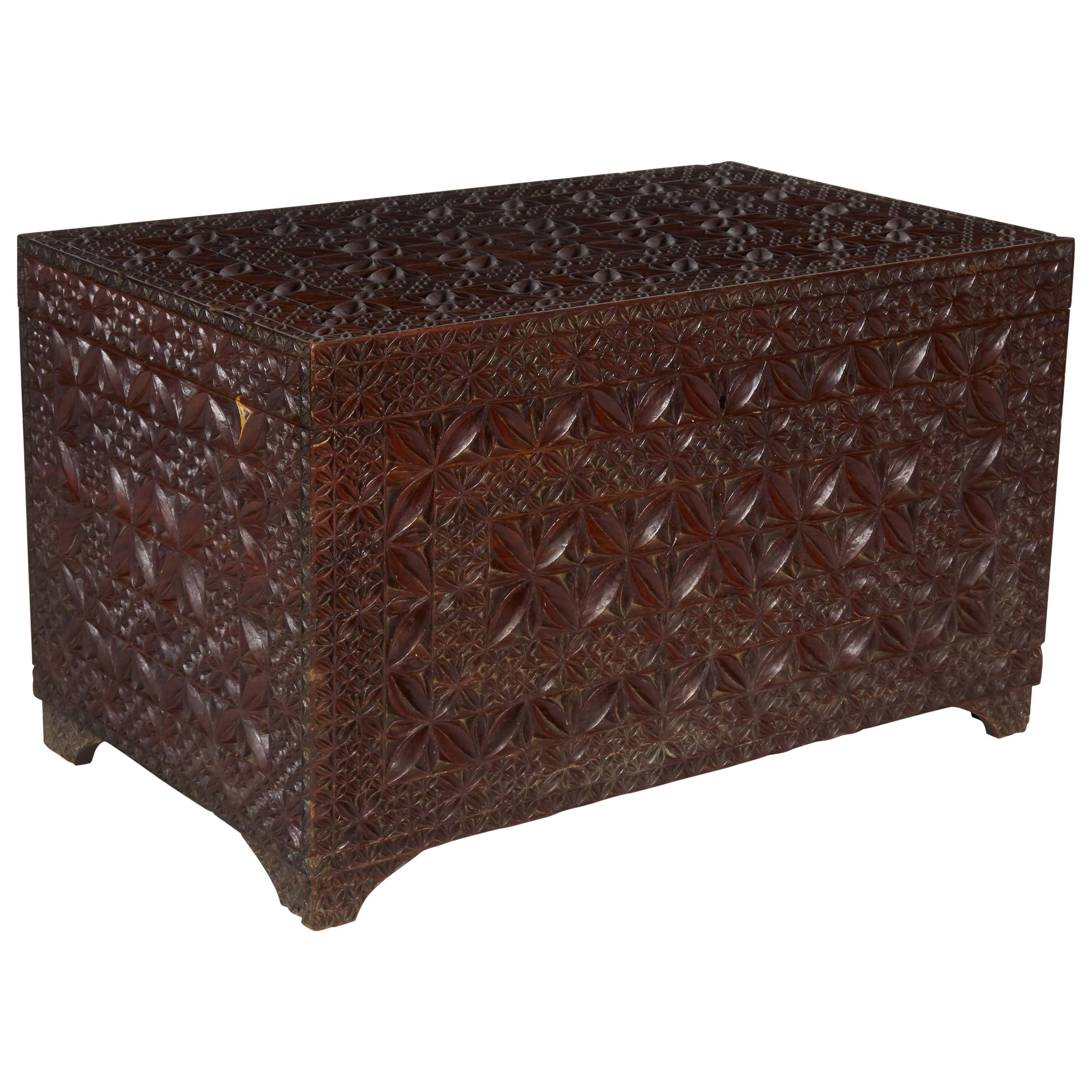 Ornate Carved Wood Trunk For Sale