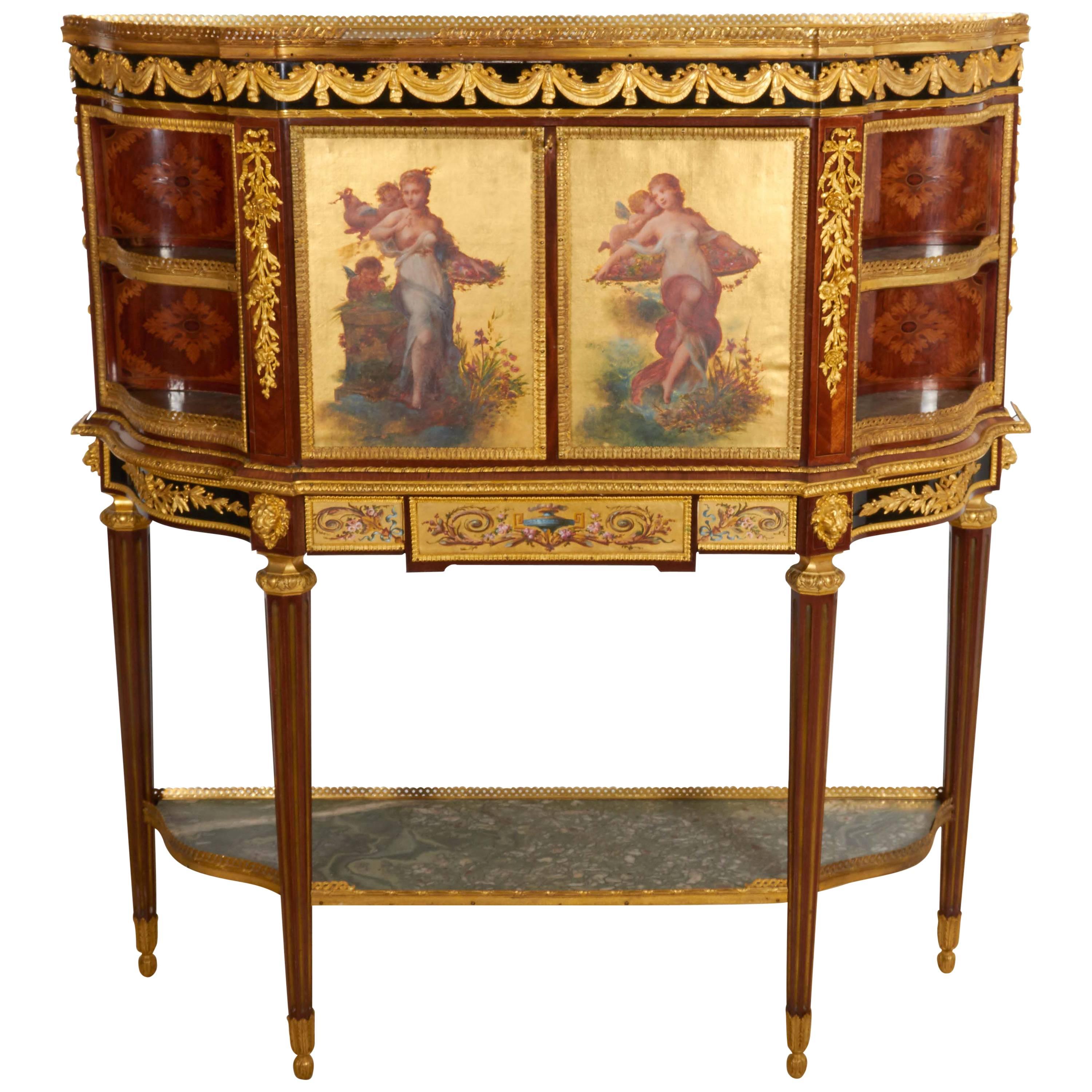 A very fine and exceptional quality French ormolu/bronze mounted lacquered, mahogany and marquetry Secretaire a Abattant. 

In the manner of Martin Carlin.

The marble top above a frieze mounted with bronze mounts. The fall front (door) with two