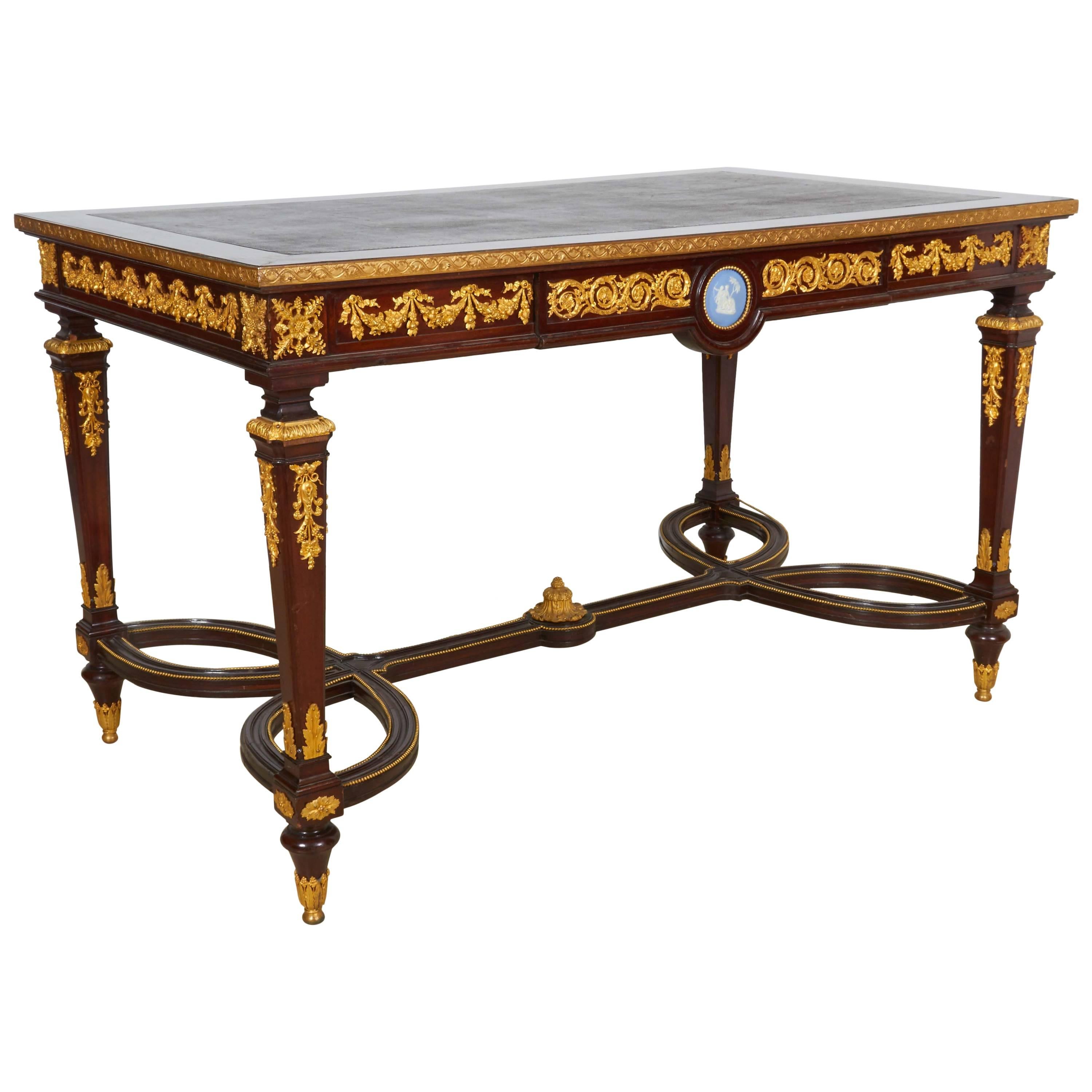 French Ormolu and Jasperware Wedgewood-Mounted Mahogany Center Table Desk
