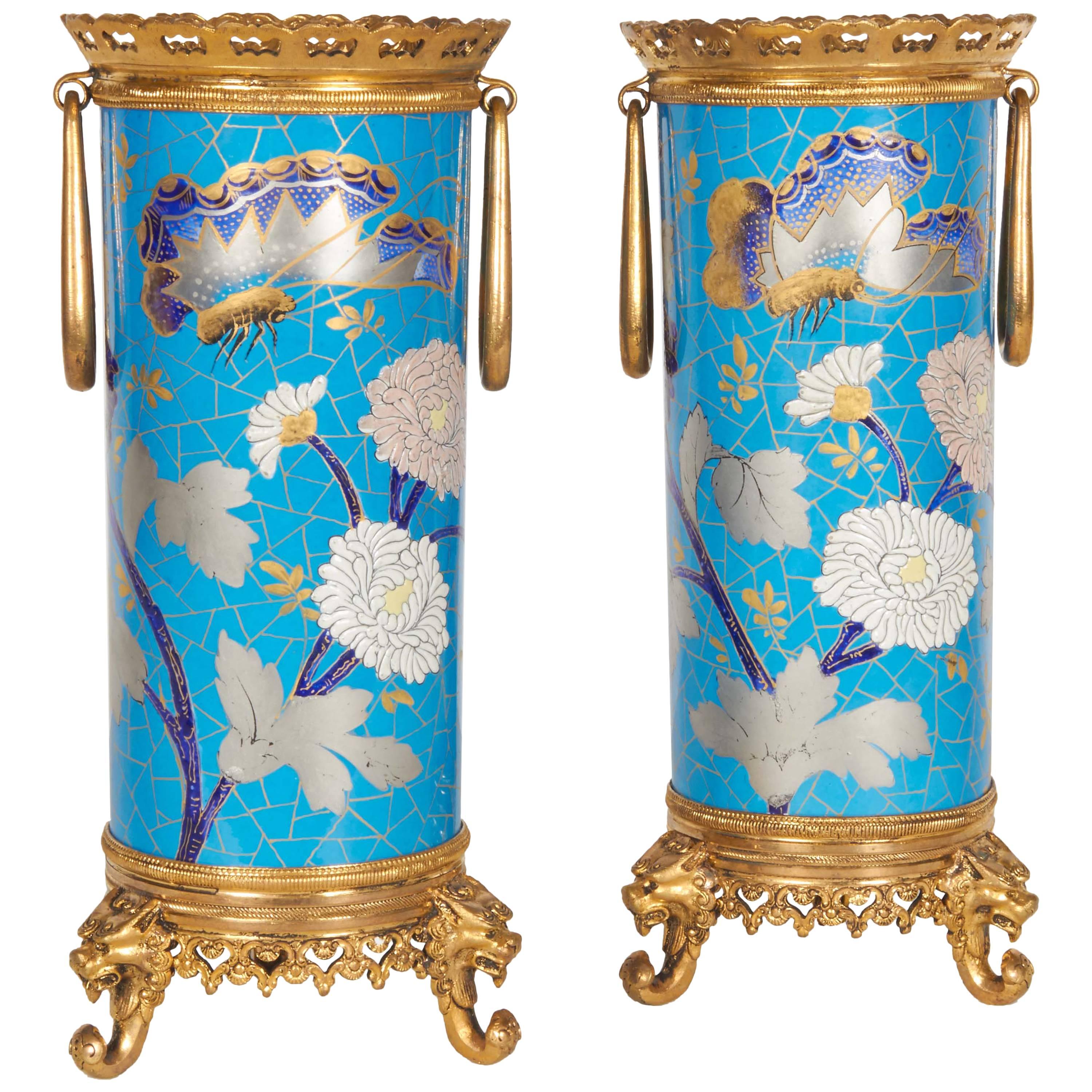 Pair of French Japonisme Ormolu-Mounted Blue Porcelain Vases Creil et Montereau