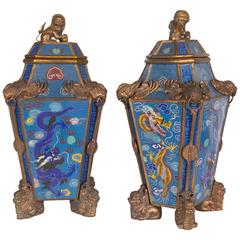 Pair Bronze-Mounted Chinese Cloisonné Enamel Vases and Covers Qing Dynasty 