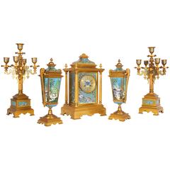 French Ormolu Bronze Cloisonne Champleve Enamel Five-Piece Clock Garniture Set