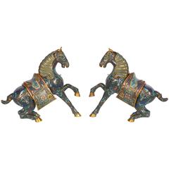 Pair of Chinese Cloisonné Enamel Green Horses / Zebra Archaistic