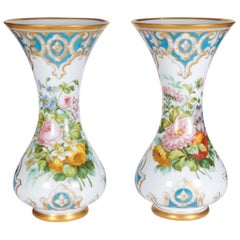 Antique Beautiful Pair of French Opaline Hand-Painted Glass Vases attributed Baccarat 