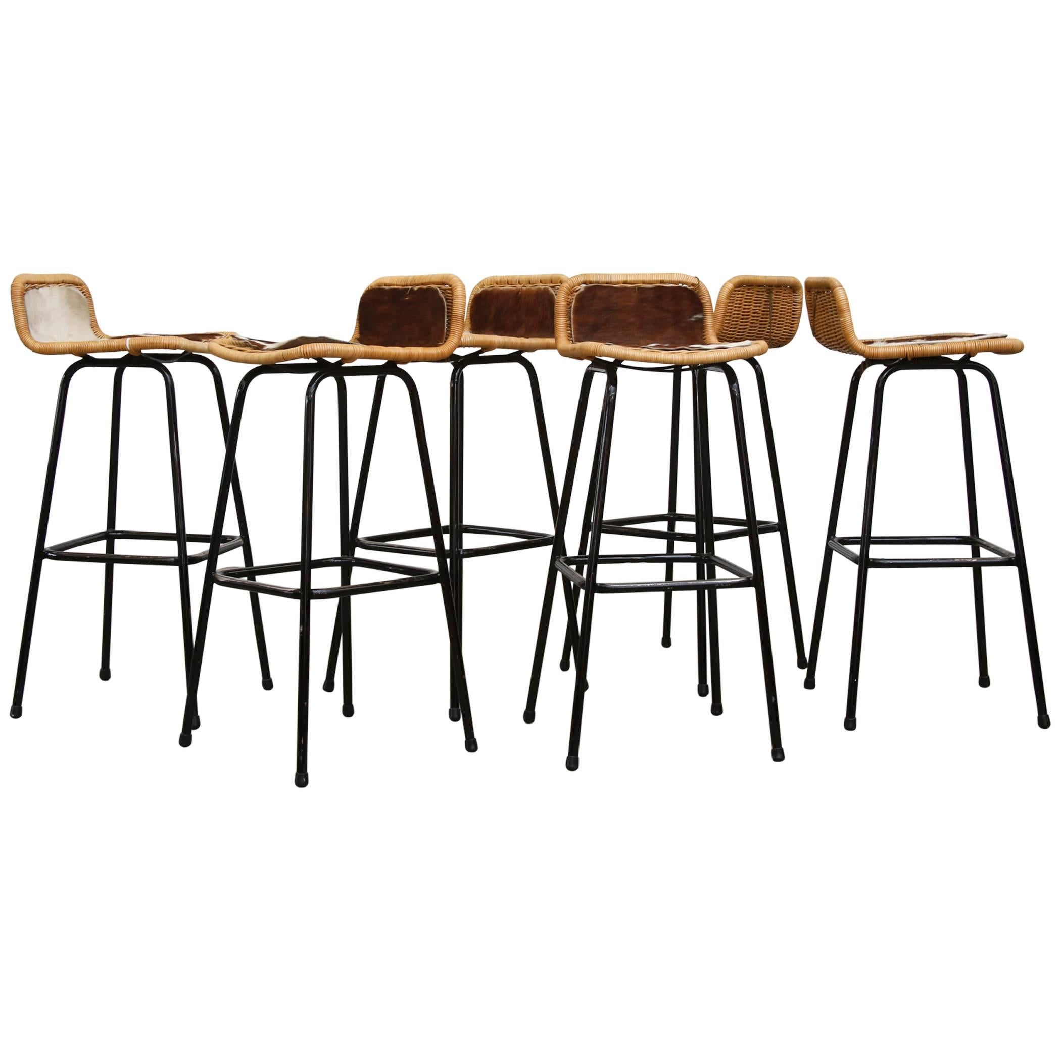 Set of Six Charlotte Perriand Style Wicker Bar Stools with Cow Hide