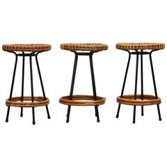 Set of Three Retro Wire and Bamboo Stools