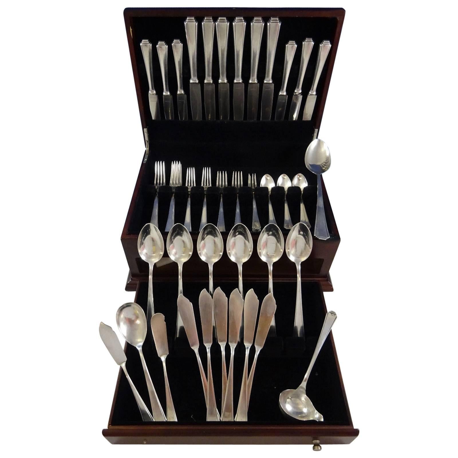 Fabulous Art Deco pyramid by Lutz & Weiss, made in Pforzheim, Germany, German 800 silver flatware set of 58 pieces. This set includes:

Six dinner size knives, 10 1/4