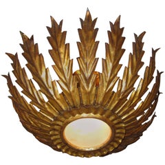 French Gilt Metal Sunburst Ceiling Light