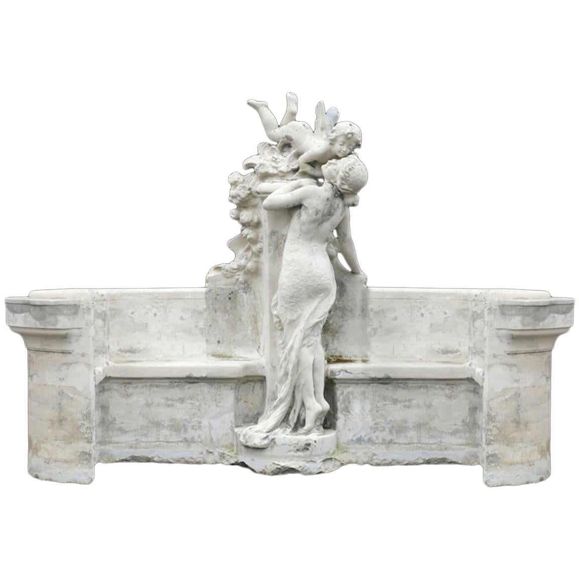 Monumental French Cast Stone Figural Bench, 19th Century
