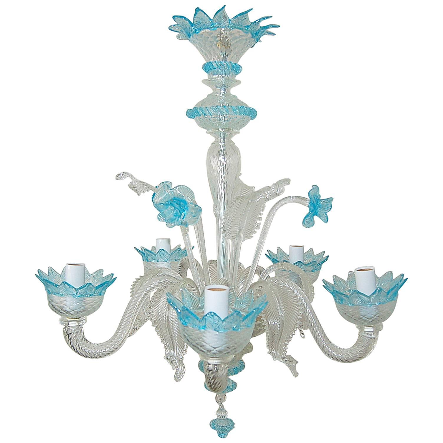 Chandelier Murano Glass of Crystal with Blue Accents For Sale
