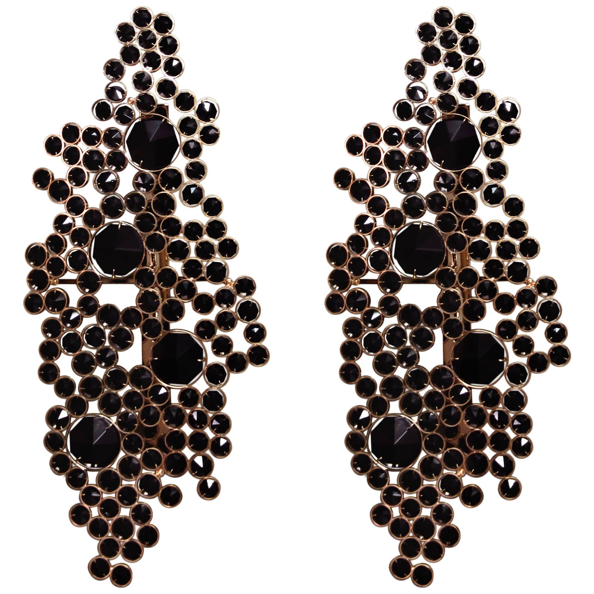 Pair of Large European modern Black Crystal and Brass Wall Sconces by Koket For Sale