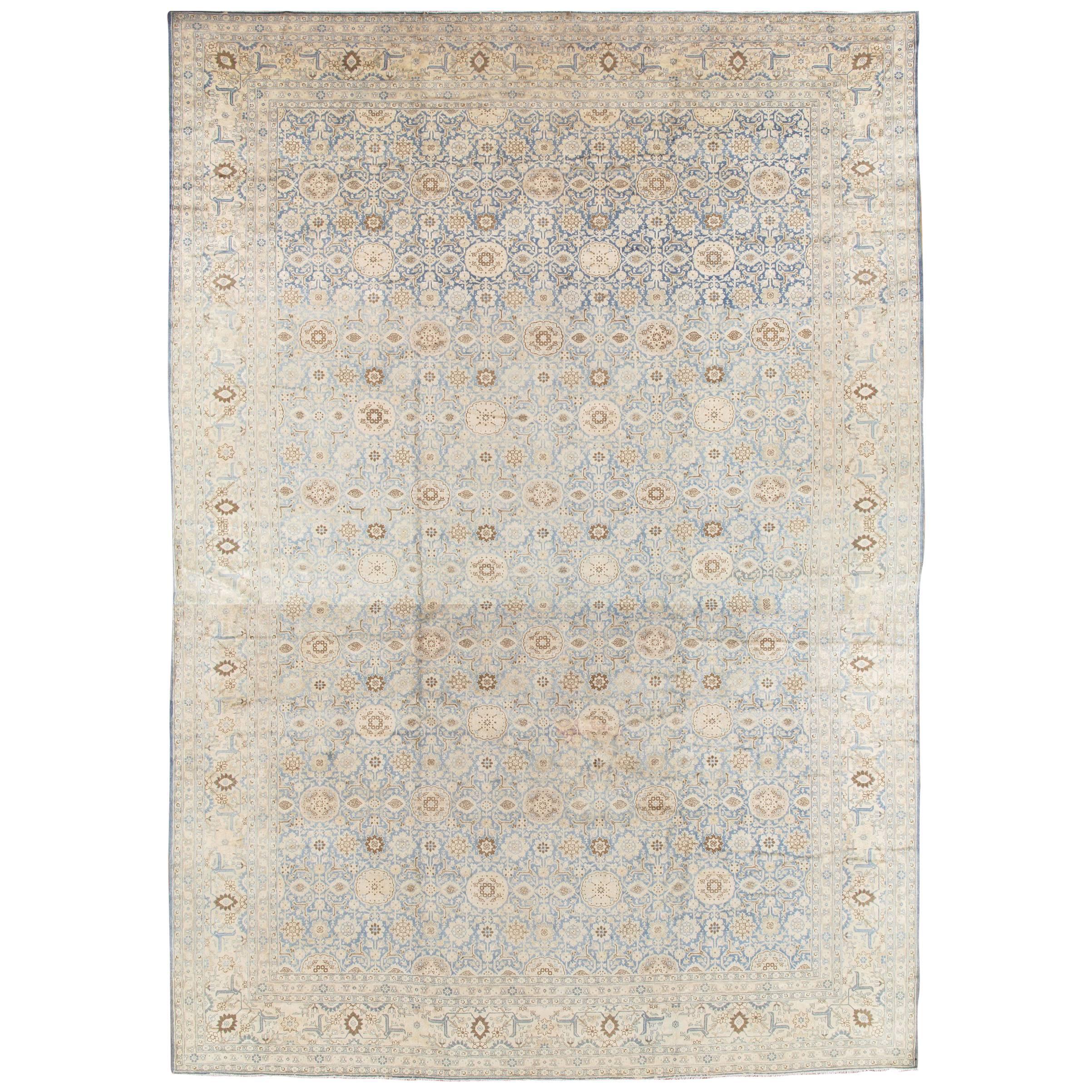 Antique Persian Tabriz Carpet, Pale Light Blue and Beige Carpet, Allover design For Sale