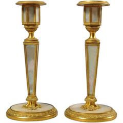 19th Century Pair of Candlesticks in Bronze and Mother-of-Pearl