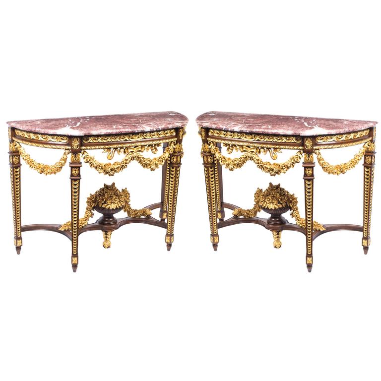 Pair of Rococo Half Moon MarbleTop Console Tables at 1stDibs