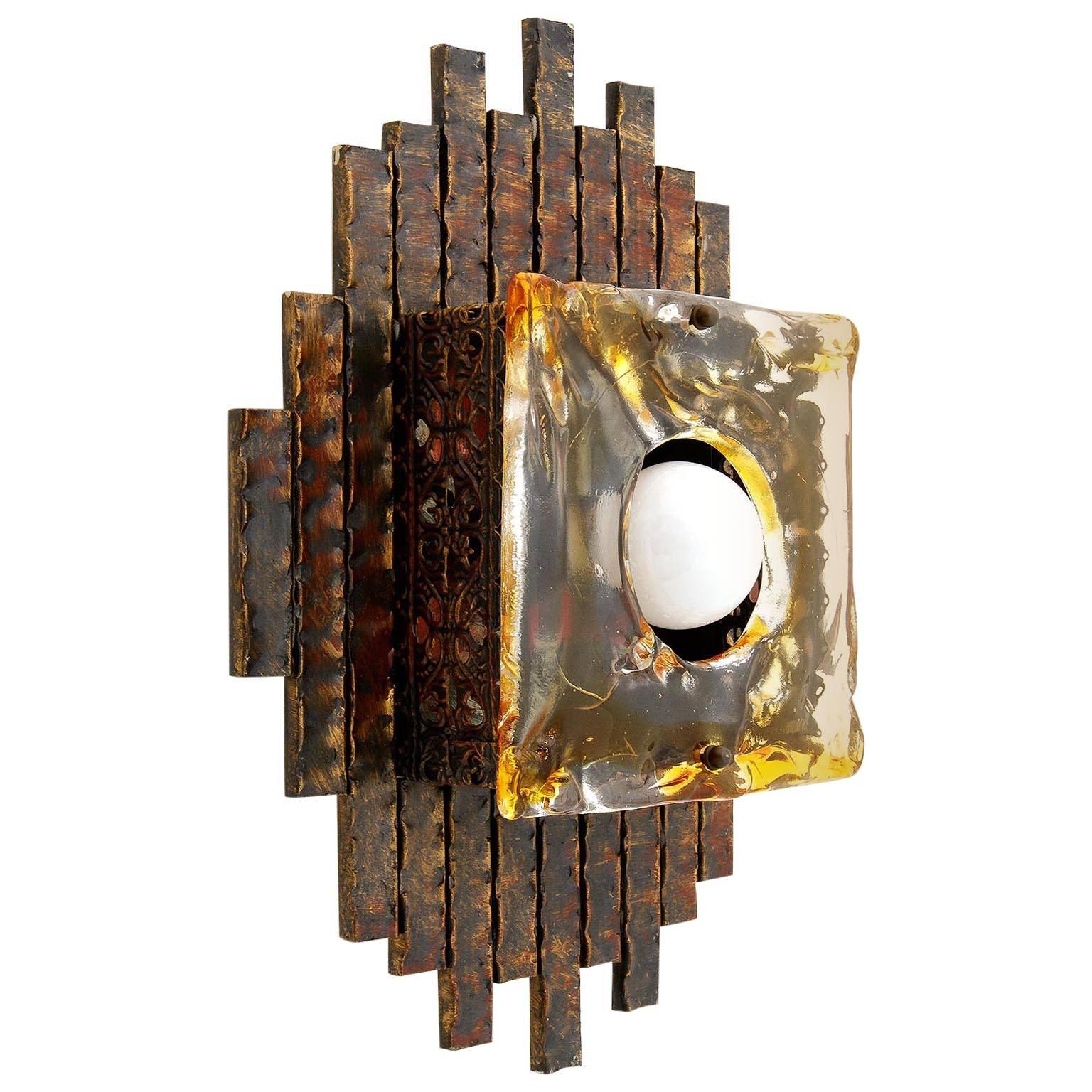 Brutalist Sconce, Bronze and Glass, 1970s For Sale