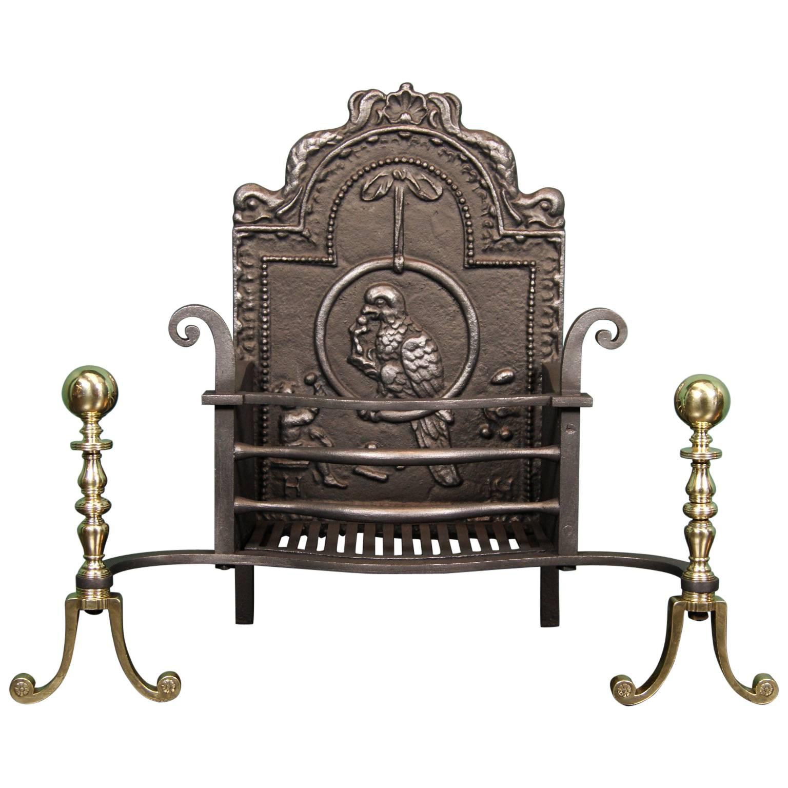 Wrought-Iron Fireplace Fire Basket with Brass Standards