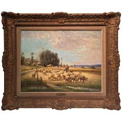 19th Century French Oil Painting with Sheep Signed Charles Clair in Ornate Frame