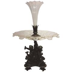 French Patinated Figural Bronze and Crystal Centerpiece, circa 1880