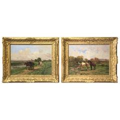 Pair of Antique French Horse Paintings by Quinton