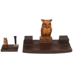 Antique Black Forest Wood Owl Desk Set