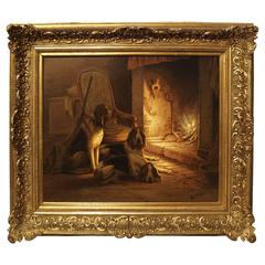 Signed Used Oil on Canvas, Dogs by Fireplace, 19th Century