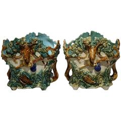 Pair of 19th Century French Barbotine Cachepots with Hunting Ornaments