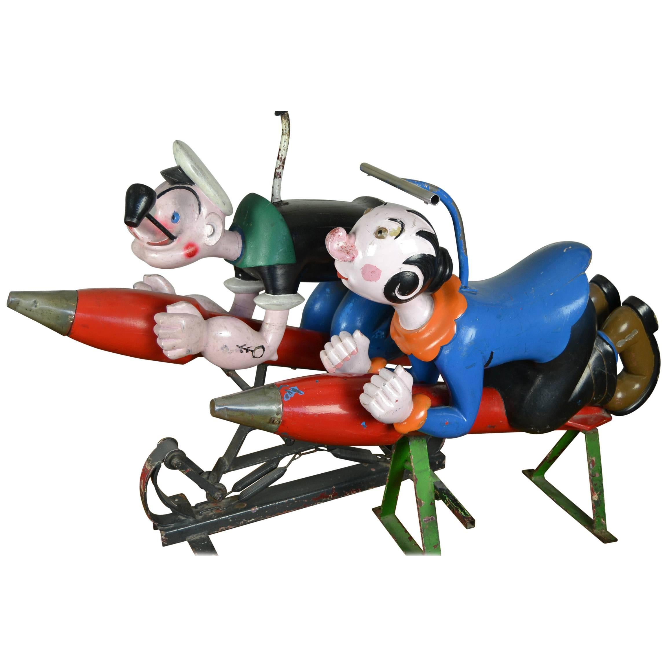 Wooden Popey and  Olive Oyl Carousel Sculptures by Bernard Kindt, Belgium , 1950s
