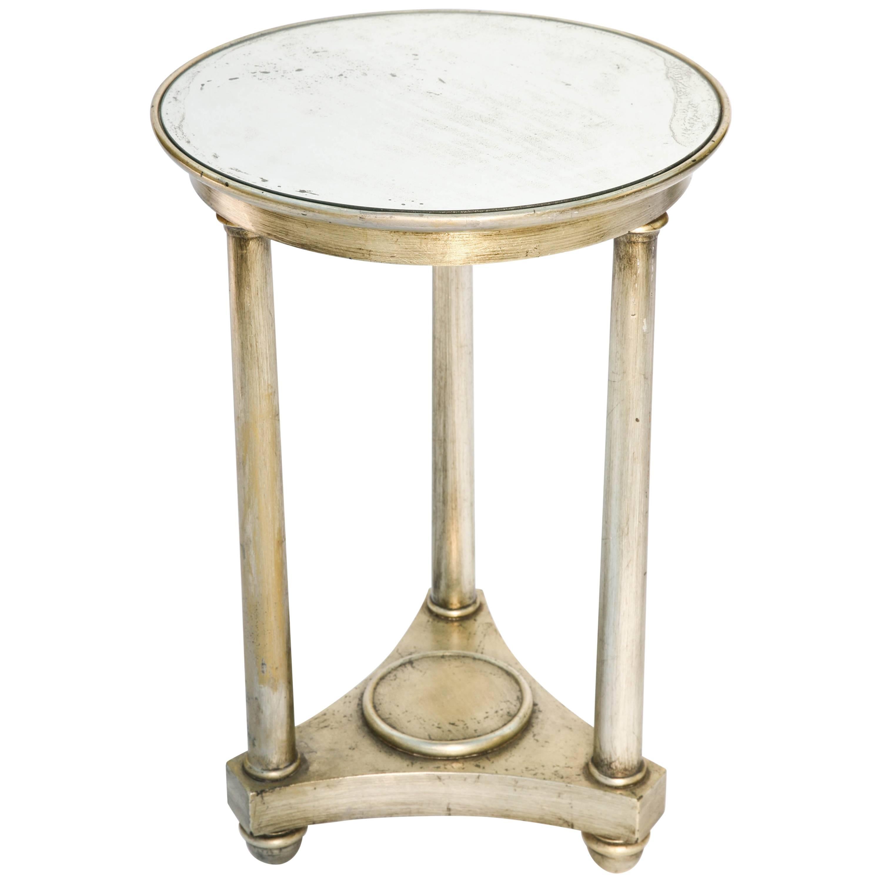 Round Table, in Empire Taste, of Silver Giltwood, Having Distressed Mirrored Top For Sale