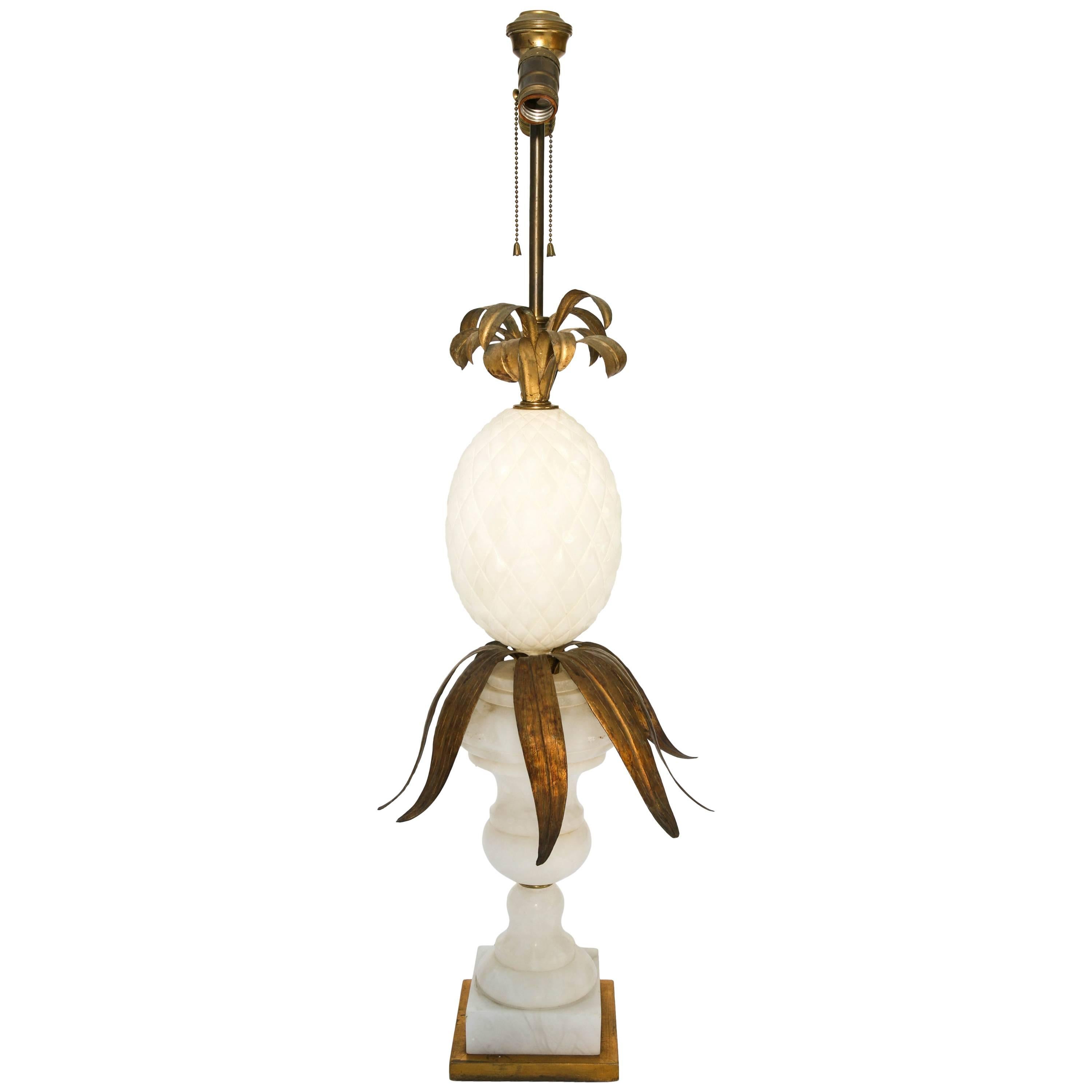 Alabaster Pineapple and Urn Lamp with Gilded Iron Leaves For Sale