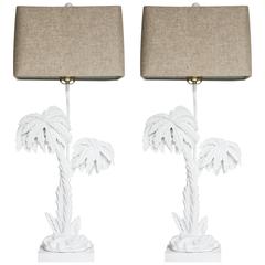 Vintage Pair of Hollywood Regency Style Table Lamps with Palm Tree Motif in White