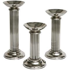 Vintage Set of Three Art Deco Style, Nickel-Plated Candlesticks, Style of Karl Springer
