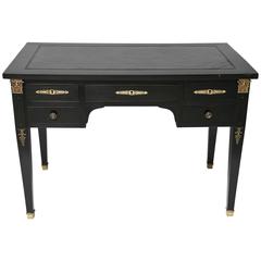 French Empire Style, Ebony Finished, Five-Drawer Desk with Brass Mounts