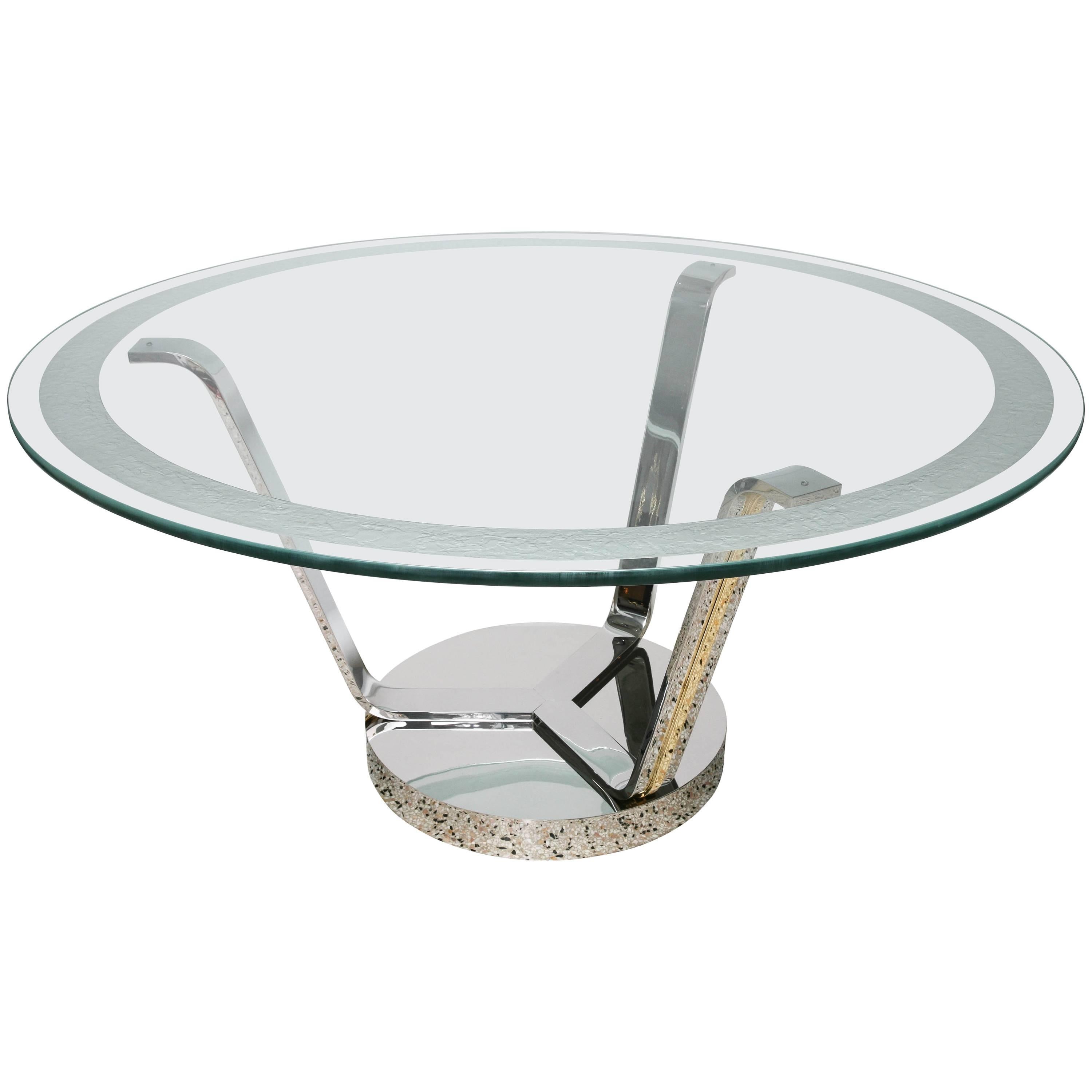  Round Dining in Polished Chrome, Brass and Etched Glass