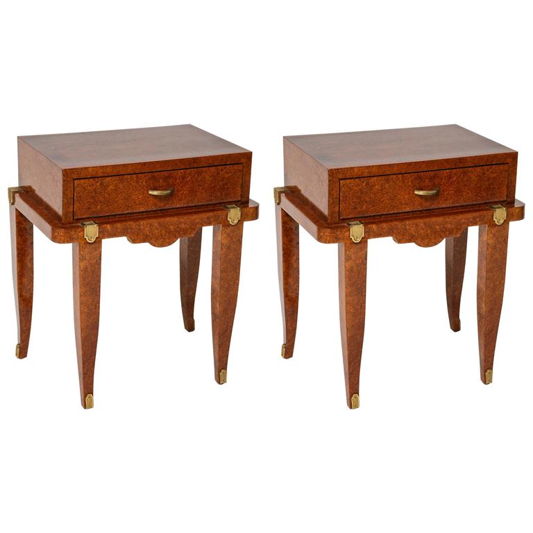 Pair of Art Deco Bedside Tables in Amboyna, MotherofPearl and Bronze