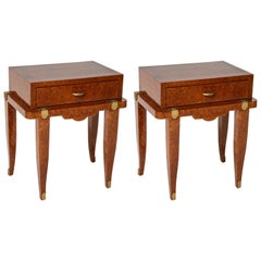 Pair of Art Deco Bedside Tables in Amboyna, Mother-of-Pearl and Bronze Doré