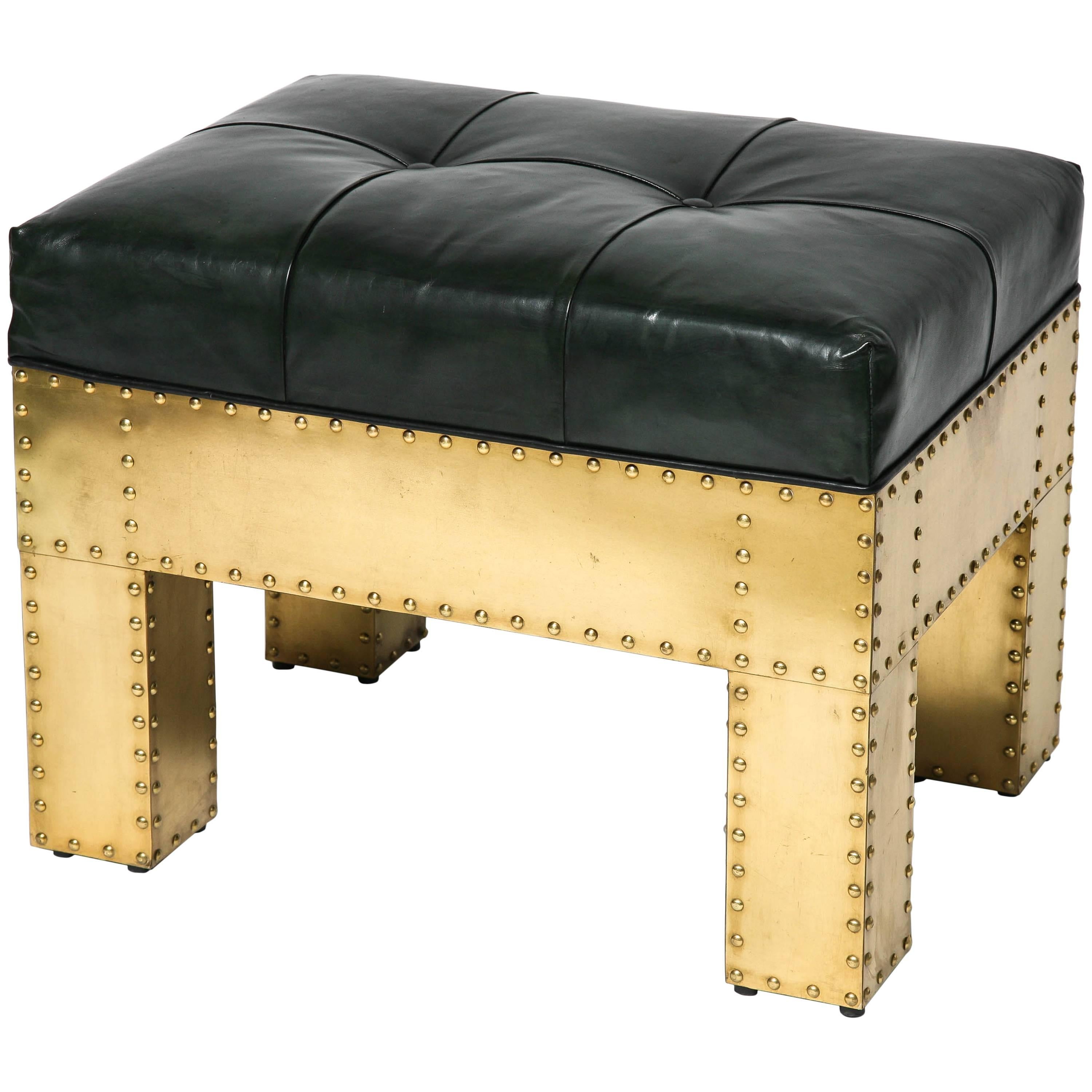 Rectangular Bench with Studded Brass and Leather Upholstery, Sarreid Ltd.